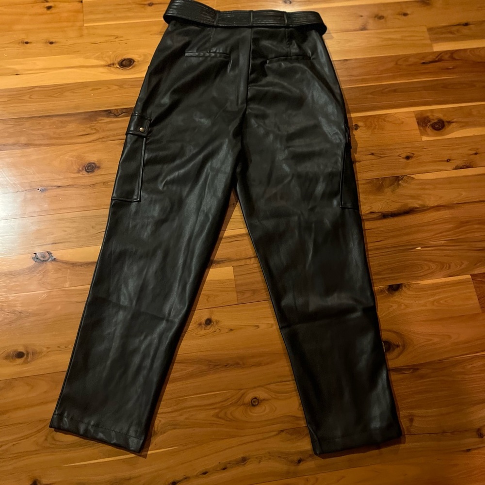 New🖤JASON WU Black Faux Leather Pants Straight Leg Cargo Belted Women’s 6 $280
